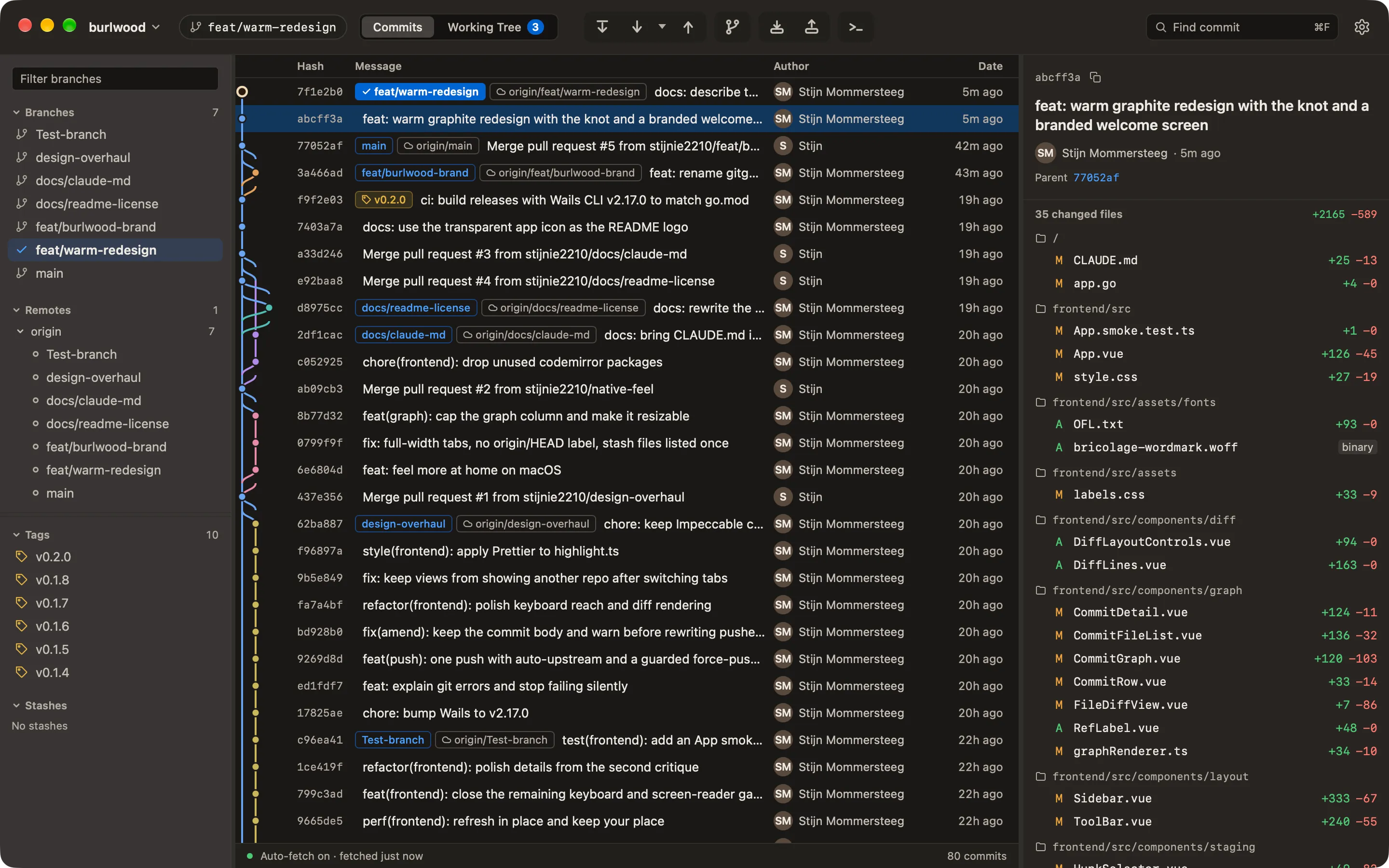 Burlwood's commit graph: branch lanes beside a list of commits with branch and tag labels, and the selected commit's changed files grouped by folder.