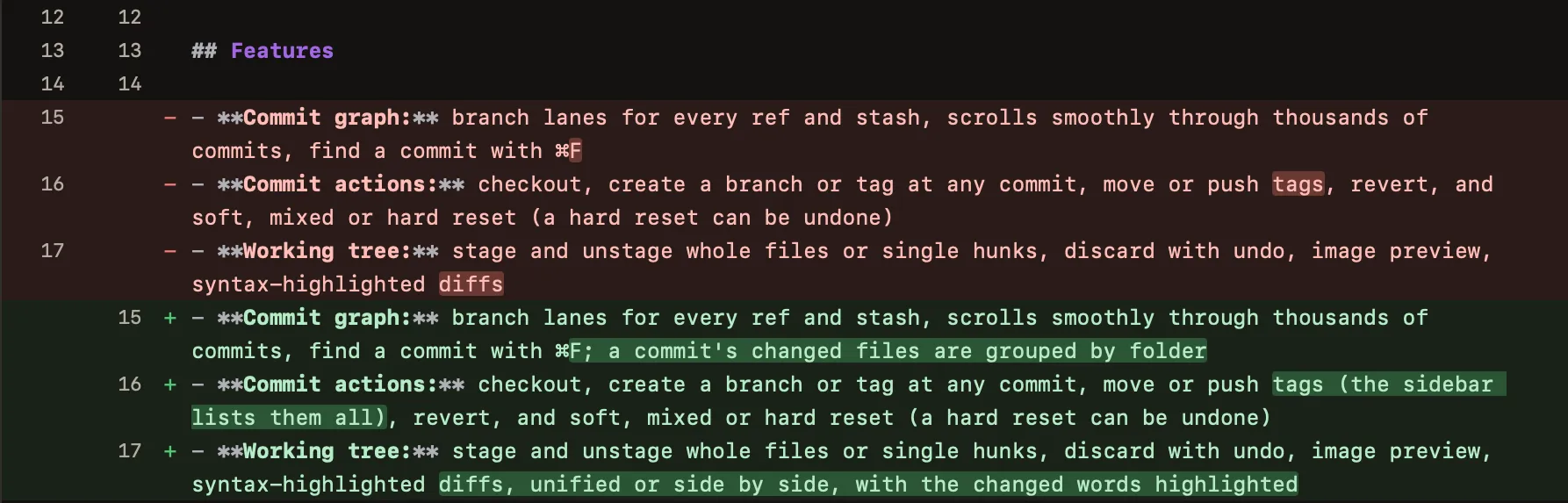 Close-up of a diff: three removed lines in red and their replacements in green, with only the changed words marked more strongly.